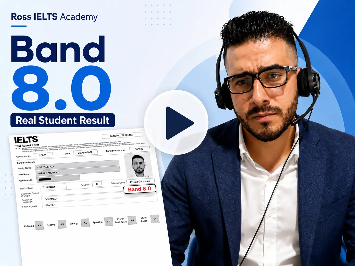 IELTS Band 8.0 student result - Ross IELTS Academy