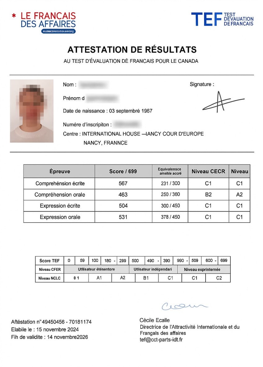 Real TEF Canada student score report shared with permission