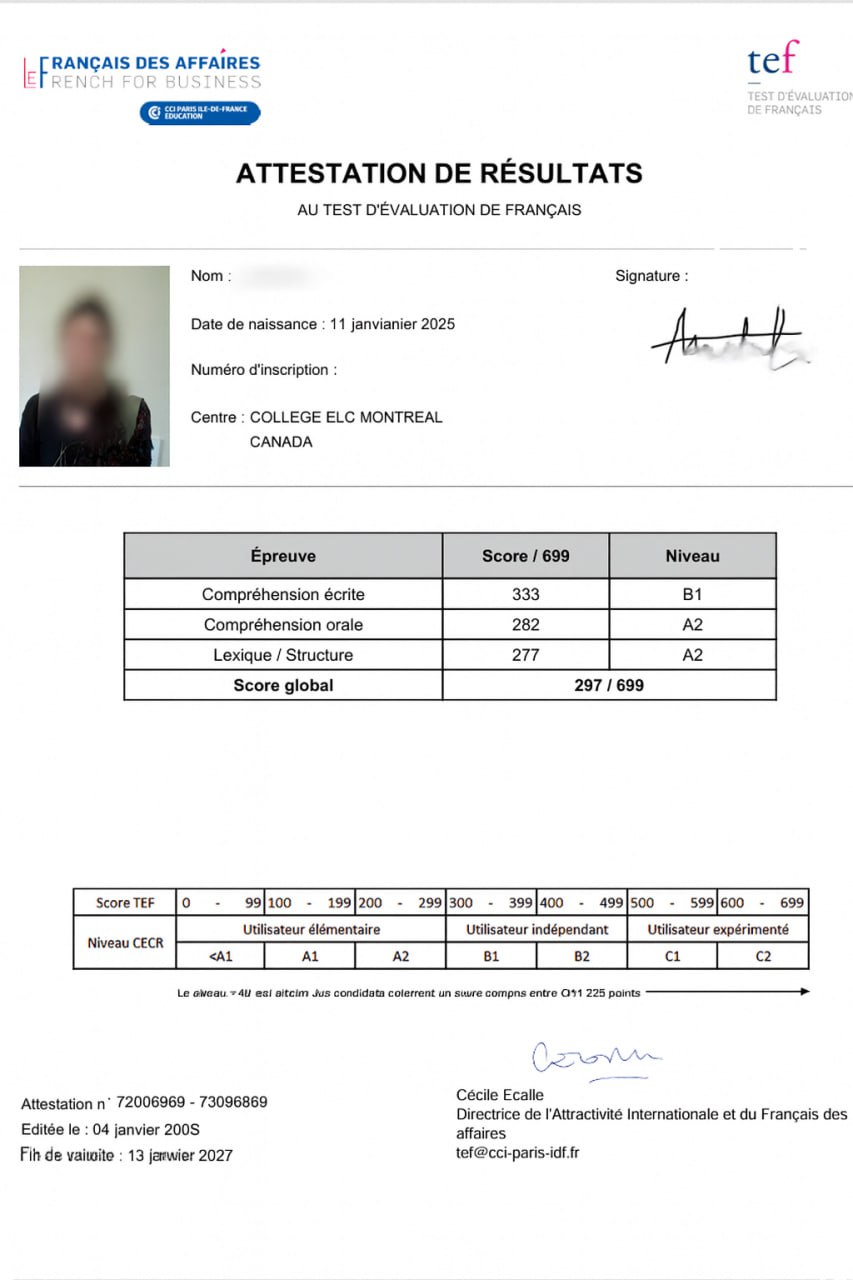 Anonymized TEF Canada student score report