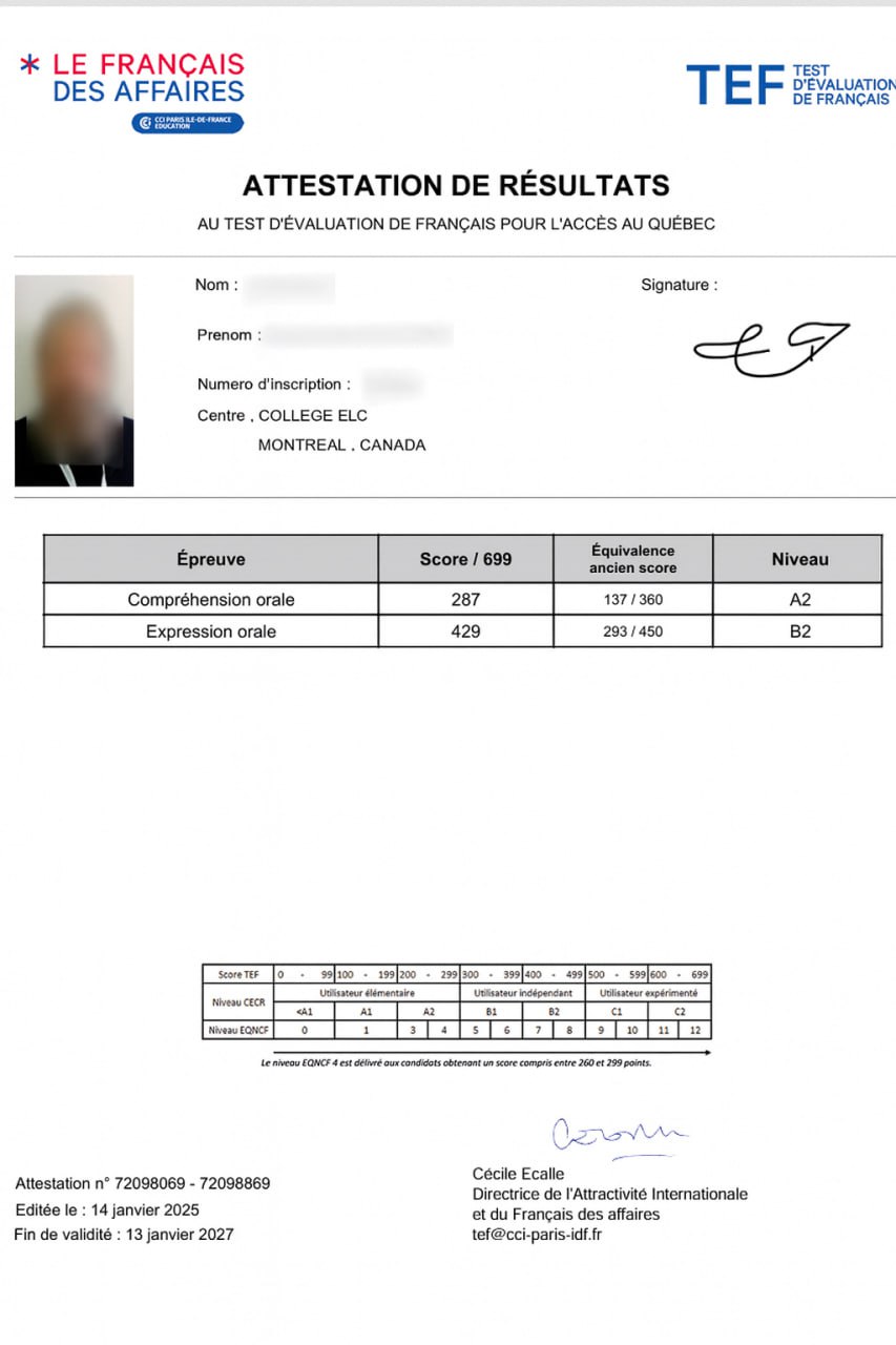 Anonymized TEF Canada student score report
