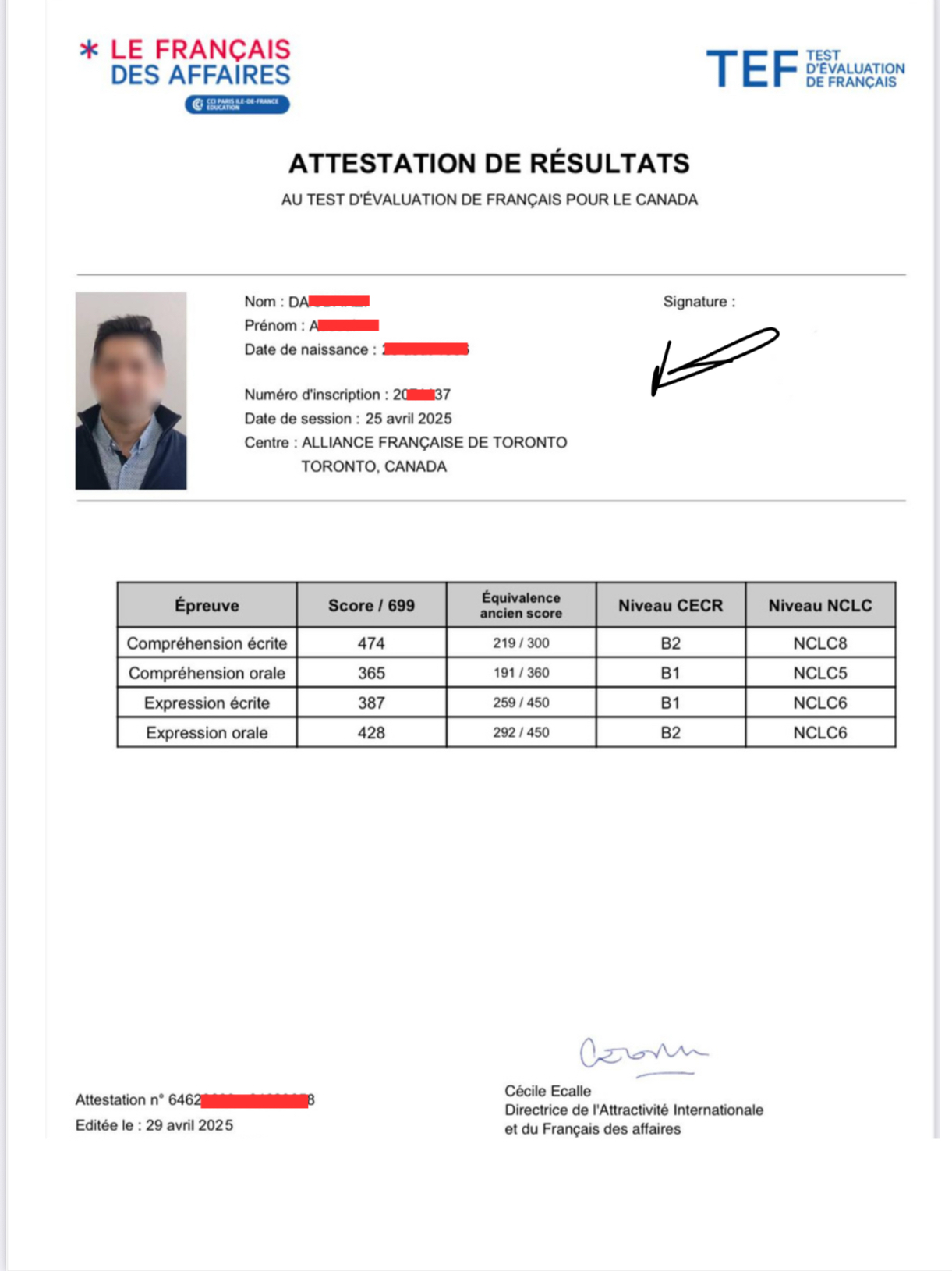 Anonymized TEF Canada student score report