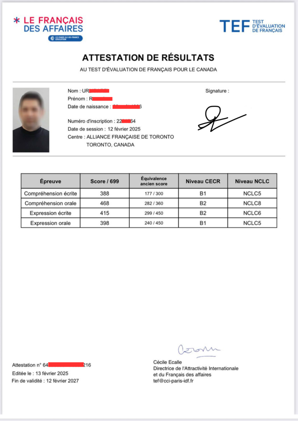 Anonymized TEF Canada student score report