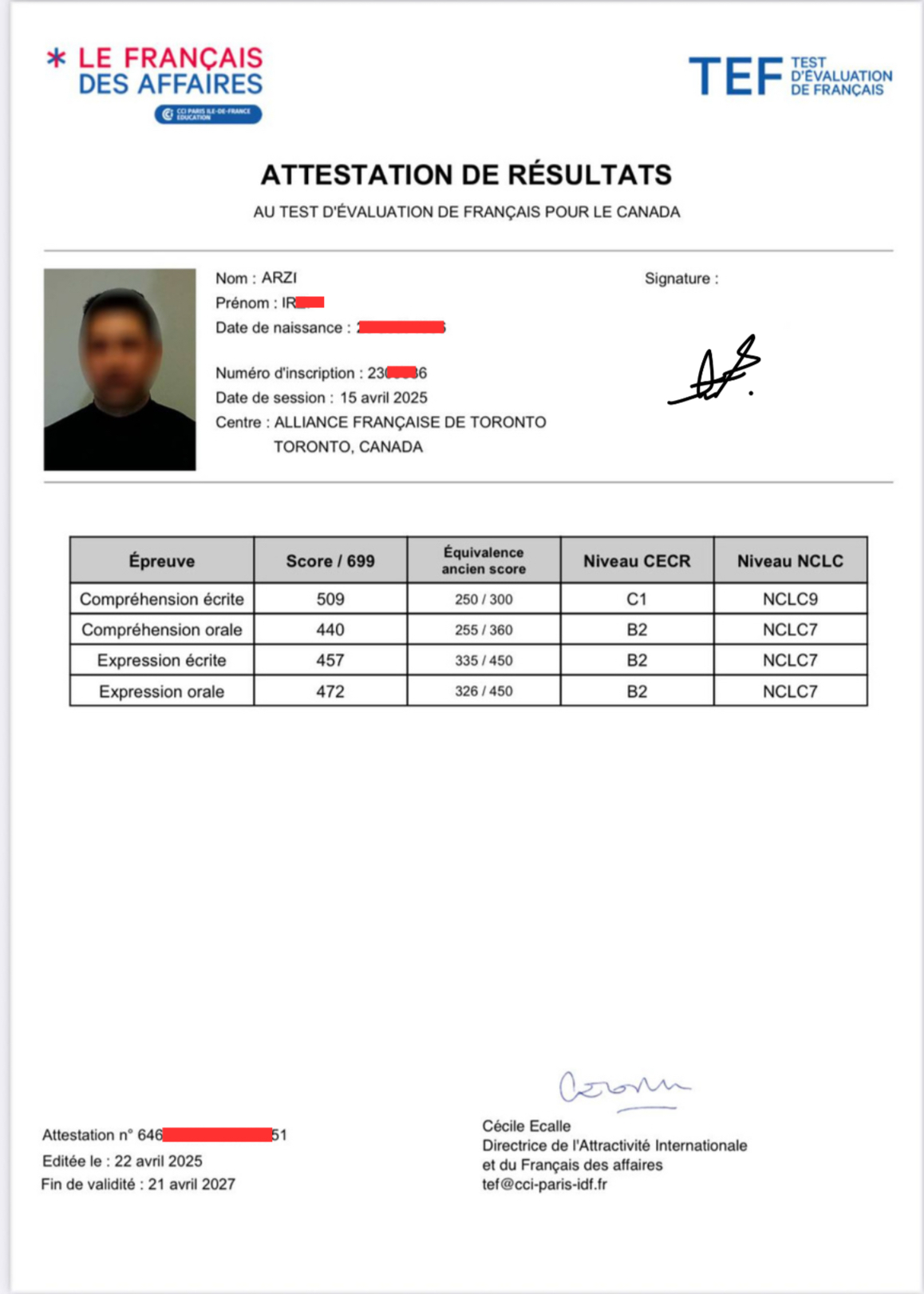 Anonymized TEF Canada student score report