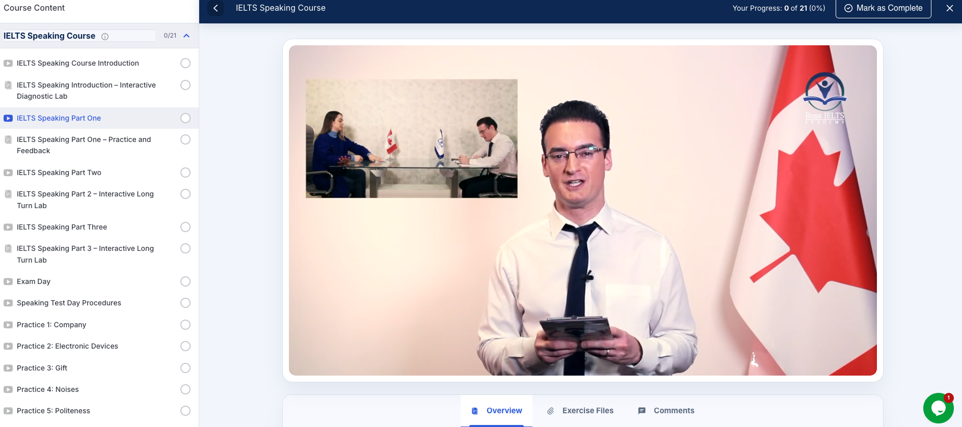 Ross IELTS Speaking Course interface with instructor