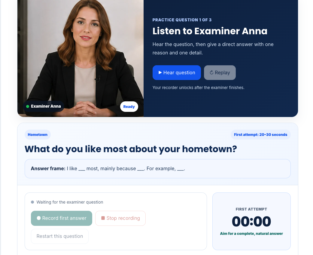 Interactive IELTS Speaking practice with virtual examiner