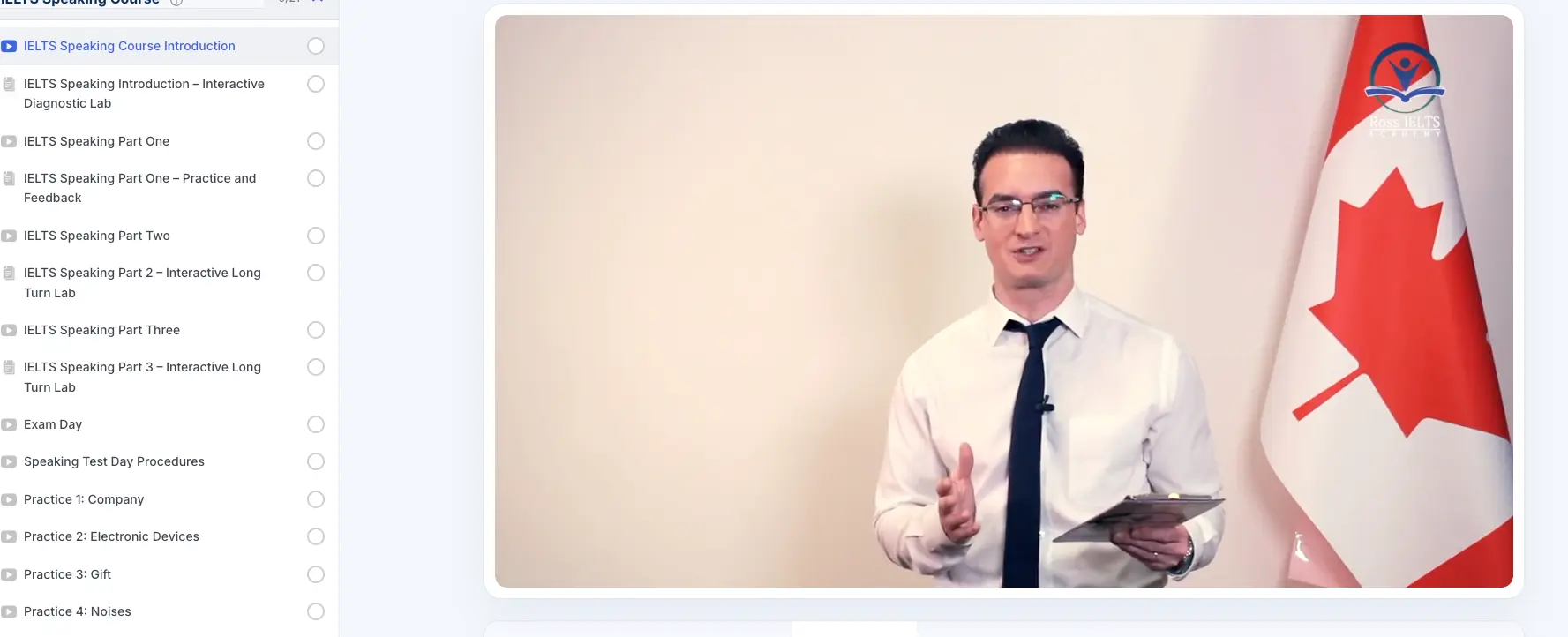 A real instructor-led video lesson inside the Ross IELTS Speaking Course